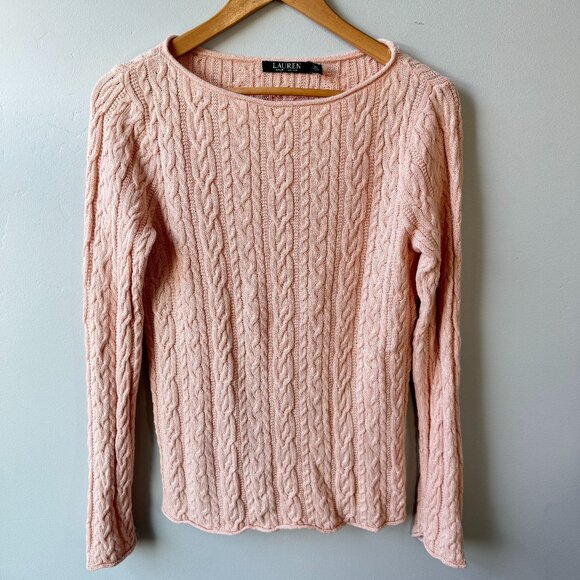 Lauren Ralph Lauren Blush Pink Long Sleeve Cable Knit Sweater Large Scoop Neck - Picture 1 of 7